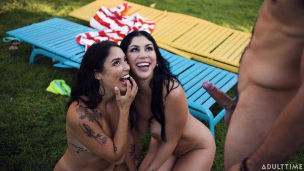 Nude babes share dick in backyard FFM scenes and swallow cum togther - xbabe.com on poweredporn.com