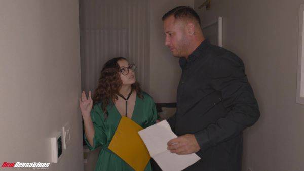 Curly beauty with nerdy glasses tries man's heavy dick a little too hard - xbabe.com on poweredporn.com