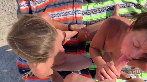 Blonde And Brunette Have A Threesome Outdoors Public - hclips.com on poweredporn.com