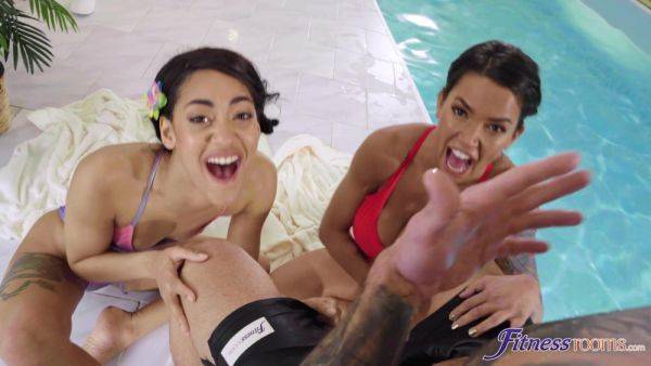 Hot Wet Poolside Threesome With 18yo Italian Teen Chloe Lamour - 2 Brunettes sharing a Big Cock - xtits.com - Italy on poweredporn.com