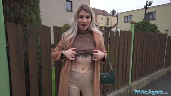 Blonde Marsianna Amoon flashes her small tits in public and takes money for the best bareback sex - anysex.com on poweredporn.com