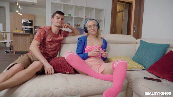 Steamy young blonde stops playing her game to fuck with her stepbrother - hellporno.com on poweredporn.com