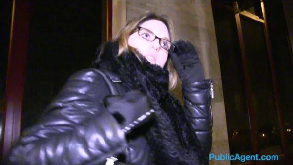 Naughty French tourist with glasses gets fucked in public stairwell for cash - sexu.com on poweredporn.com