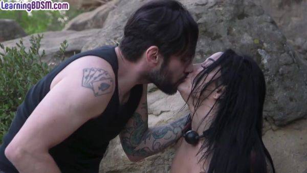 Submissive BDSM tattooed babe throat fucked outdoor - hotmovs.com on poweredporn.com