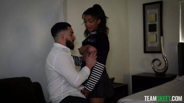 Aroused ebony teen shares long foreplay before taking white inches down the pussy - xbabe.com on poweredporn.com