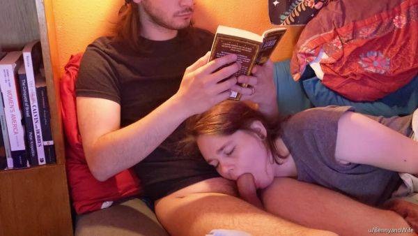 My boyfriend loves to read a book while I keep his cock in my mouth. - anysex.com on poweredporn.com