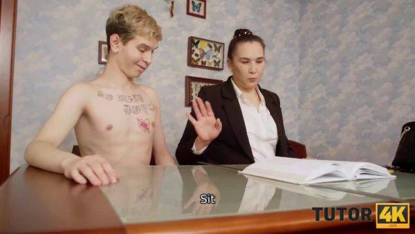 Sexy Angle, a chubby Russian teacher, gets down and dirty with her young student in stockings - sexu.com - Russia on poweredporn.com