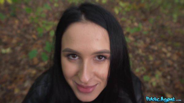 Brunette gets on her knees outdoors to give head - Hitch A Ride On My Cock - Erik Everhard - xtits.com - Czech Republic on poweredporn.com