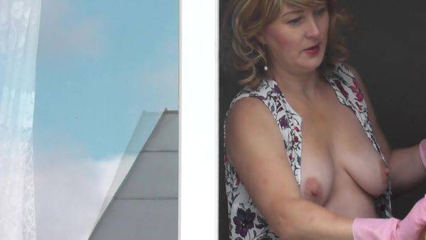 Milf In Bathrobe Without Panties And Bra Washes Window Of Apartment. Nude In Public. Naked In Public. Big Natural Tits Milf - voyeurhit.com on poweredporn.com