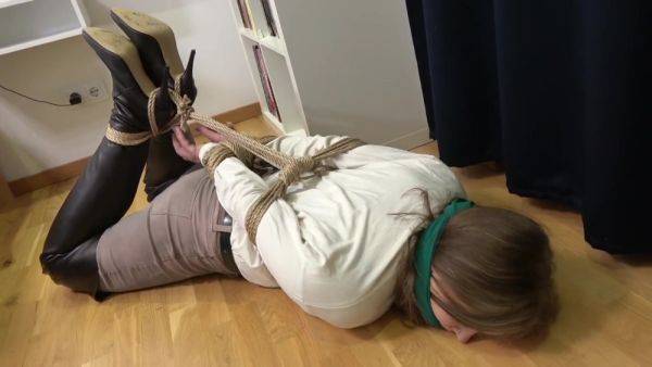 Brunette Hogtied In Leather Boots - upornia.com on poweredporn.com