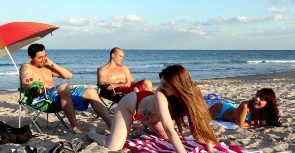 Sexy babes work cocks together in highly intense foursome by the beach - xbabe.com on poweredporn.com