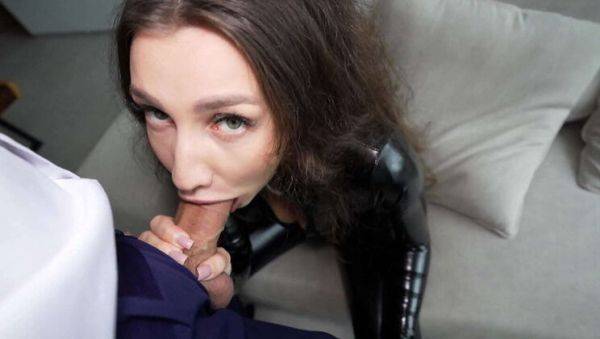 Latex Clad Brunette Secretary Gives Boss a Blowjob - porntry.com on poweredporn.com