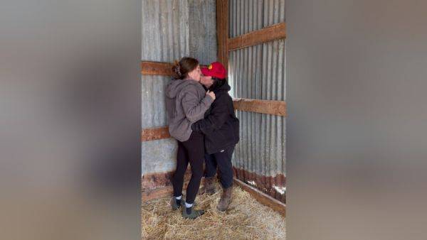 Sexy Lesbian Farmers Kiss And Touch Each Other In The Barn - videomanysex.com on poweredporn.com