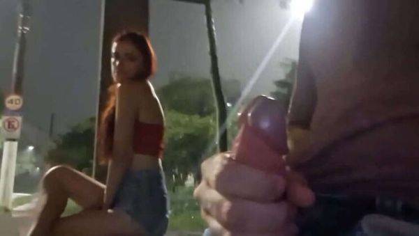 Risky Hand Job on the Street for Redhead at Bus Stop - porntry.com on poweredporn.com