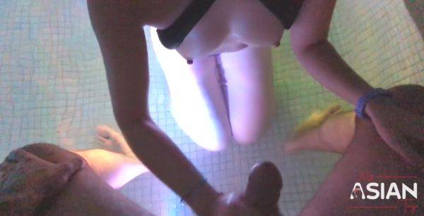 Hot Asian Babe in Swimsuit Takes a Cumshot on Tits in a Pool - anysex.com - China on poweredporn.com
