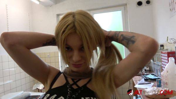 Petite blonde inked babe covers up messy tattoo with her body art - sexu.com on poweredporn.com