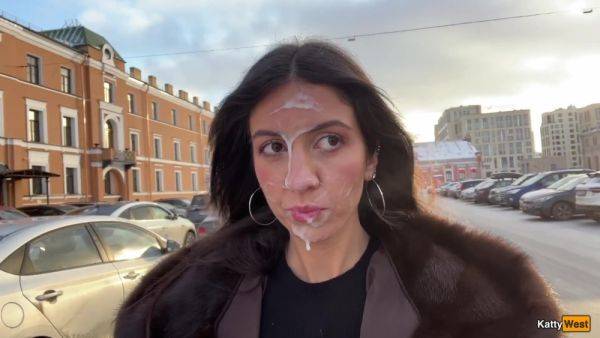 Perverted Russian slutty babe Katty West jerk off a stranger in a car and got his semen on a face - anysex.com - Russia on poweredporn.com