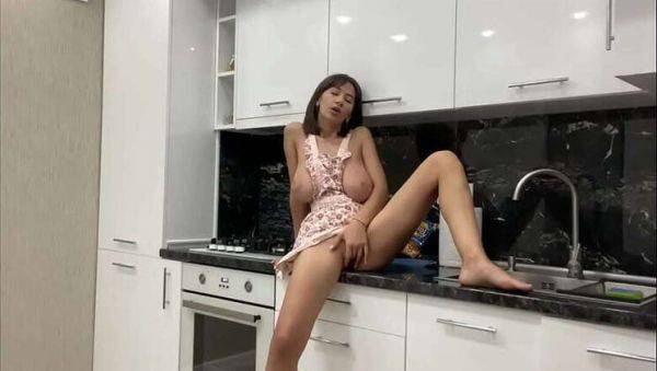 Gorgeous big-titted babe Kitty Kriss pleasures herself in the kitchen, awaiting her lover - veryfreeporn.com on poweredporn.com