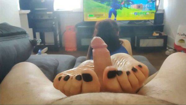 Step Sister Oiled Footjob with Black Toes While Playing Fortnite - Squirting Miss & Hard Rock - porntry.com on poweredporn.com