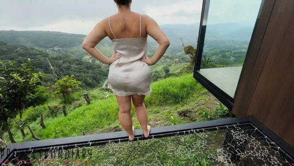 Chubby Secretary Fucks Boss on Balcony in Satin Dress - Outdoor Risky Sex - veryfreeporn.com - Britain on poweredporn.com