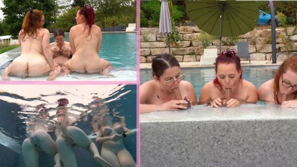 French Lesbian Threesome Pool Fingering with Big Natural Tits and Huge Dildo - porntry.com - France on poweredporn.com