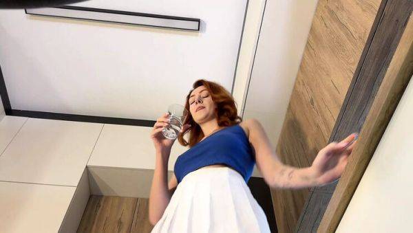 Sexy redhead wife flashes pink panties under white mini skirt before stripping - porntry.com on poweredporn.com