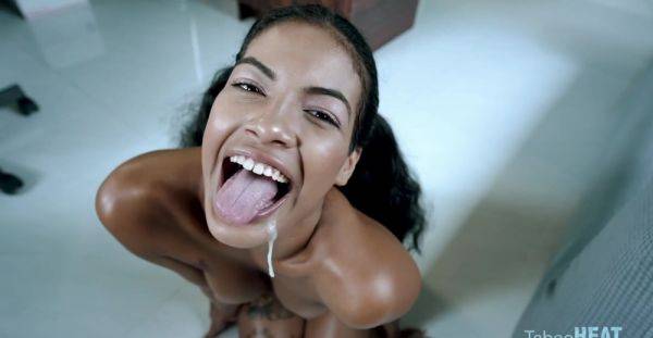 Sensual ebony teen swallows fresh cum after she puts cock in her caramel pussy - xbabe.com on poweredporn.com