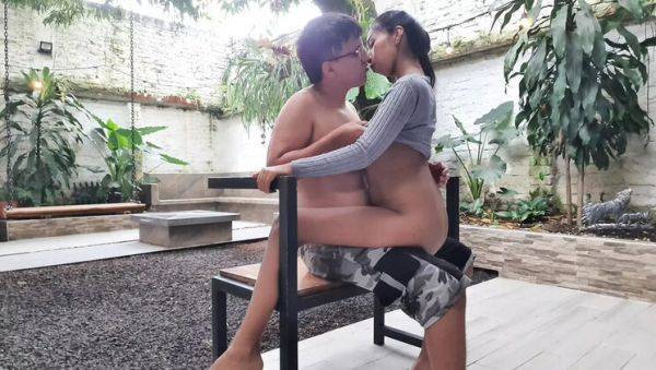 Young Latina Alexa Gets Wild Outdoor Blowjob from Older Police Officer on Patio Chair - veryfreeporn.com - Colombia on poweredporn.com