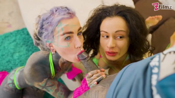 Lily Lu And Stacy Bloom - Big Tits Girl Joins Tattoo Couple For Threesome - Rimming, Bj, Facial - videomanysex.com on poweredporn.com