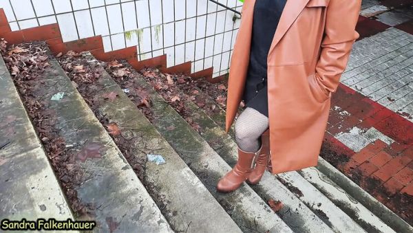 Sandra Falkenhauer takes a short outdoor walk in boots and fishnet stockings - porntry.com - Russia - France on poweredporn.com
